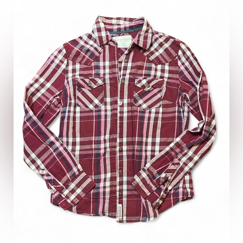 SOLD Vintage Aeropostale red flannel cotton long-sleeve western snap shirt.